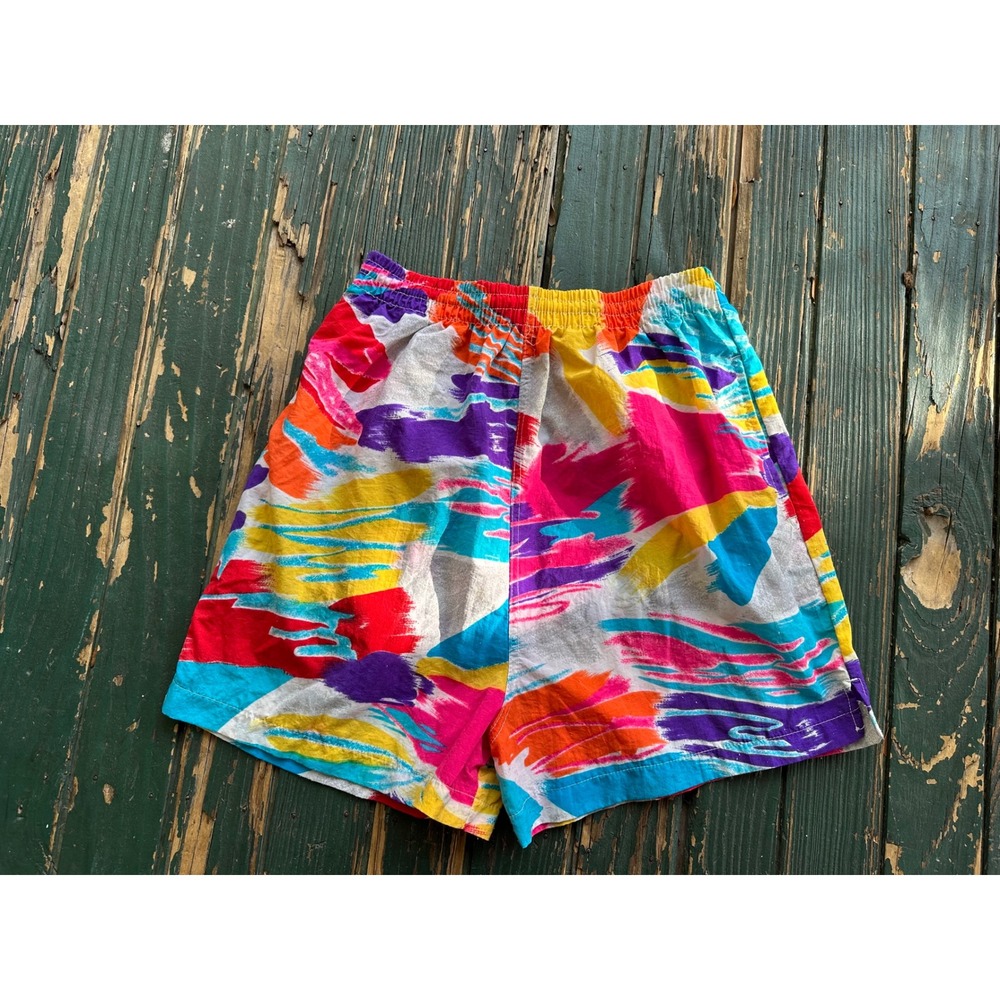 Vintage Activ-ology Mens Nylon Abstract Print Shorts Multi-Color Retro 90s Small